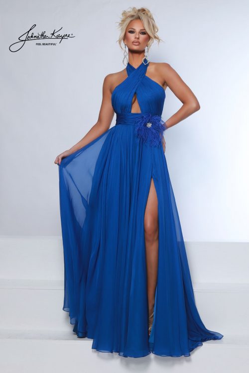 Royal blue halter gown with floral waist accent and thigh-high slit. Elegant chiffon formal pageant gown with pleated bodice and crystal embellishment, perfect for evening wear competitions, red carpet, prom.